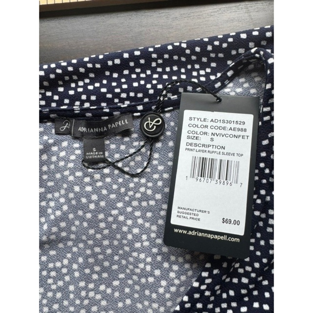 NWT Adrianna Papell Navy Confetti Ruffle Sleeve Top Women's S $69 - Picture 5 of 9